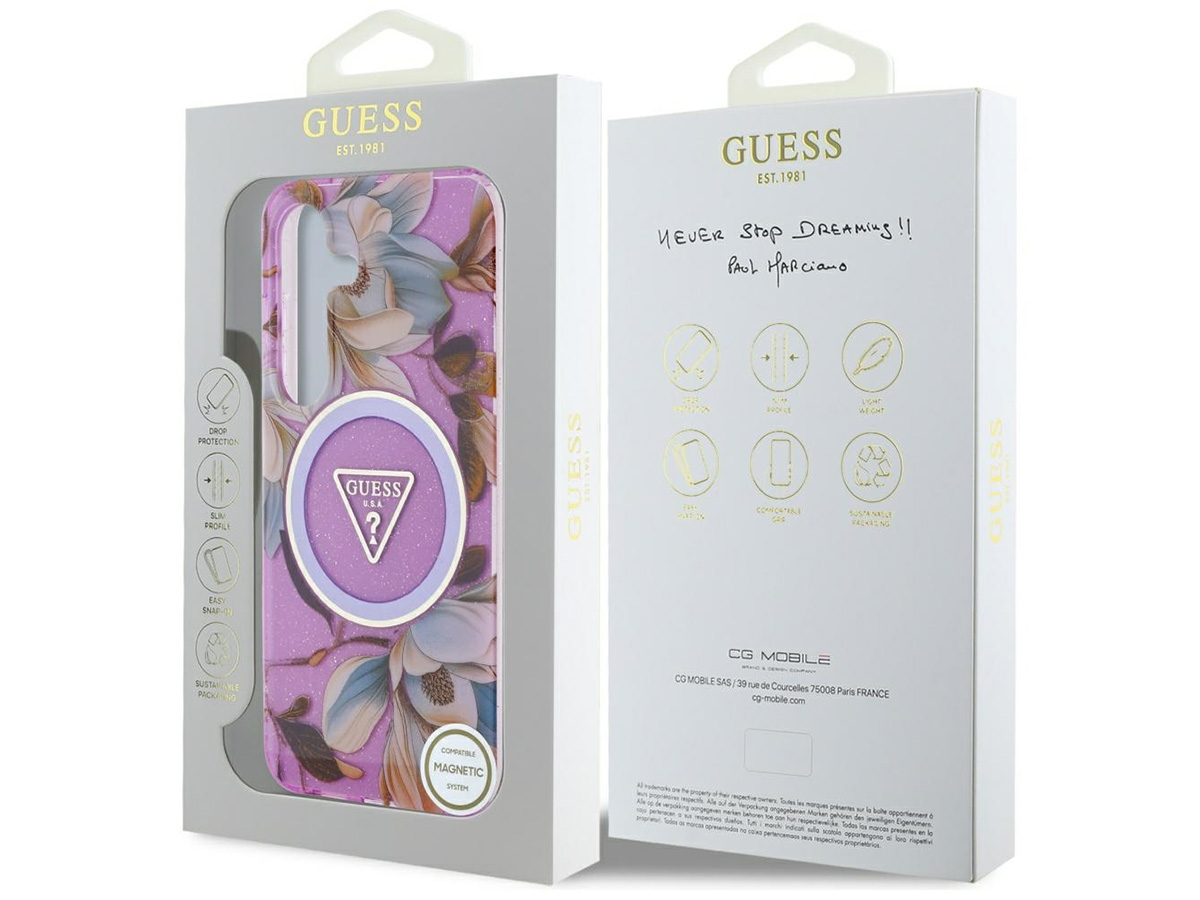 Guess Flowers MagSafe Case Paars - Samsung Galaxy S25 hoesje