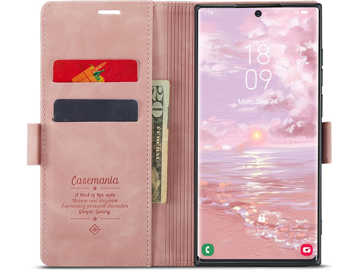 CaseMania Vintage Slim Bookcase Roze - Samsung Galaxy S25 Ultra hoesje