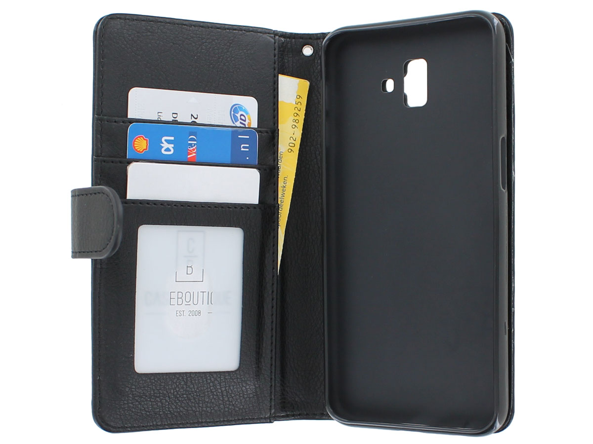 Achternaam oogopslag voor Zipper Book Case Zwart | Samsung Galaxy J6 Plus hoesje