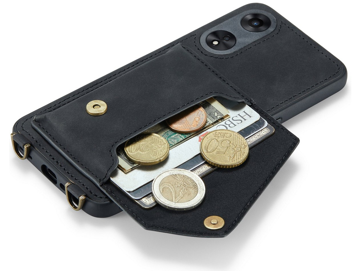 CaseMania Crossbody Wallet Case Zwart - Oppo A78 5G hoesje met koord