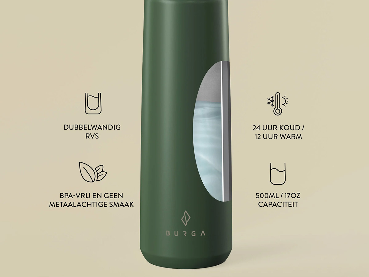 Burga Water Bottle Khaki - Waterfles Thermosfles 500ml 